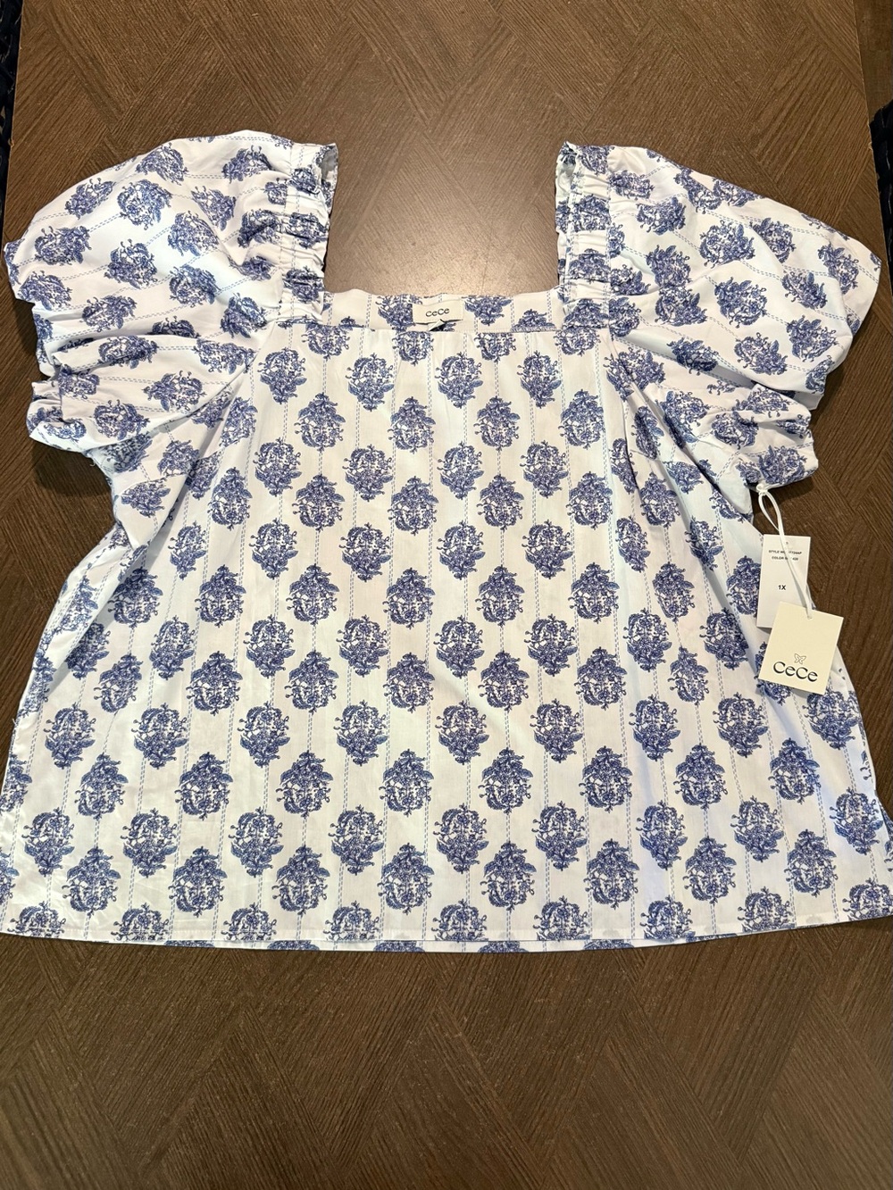 CeCe White Square-Neck Puff Sleeve Top with Blue Floral Print